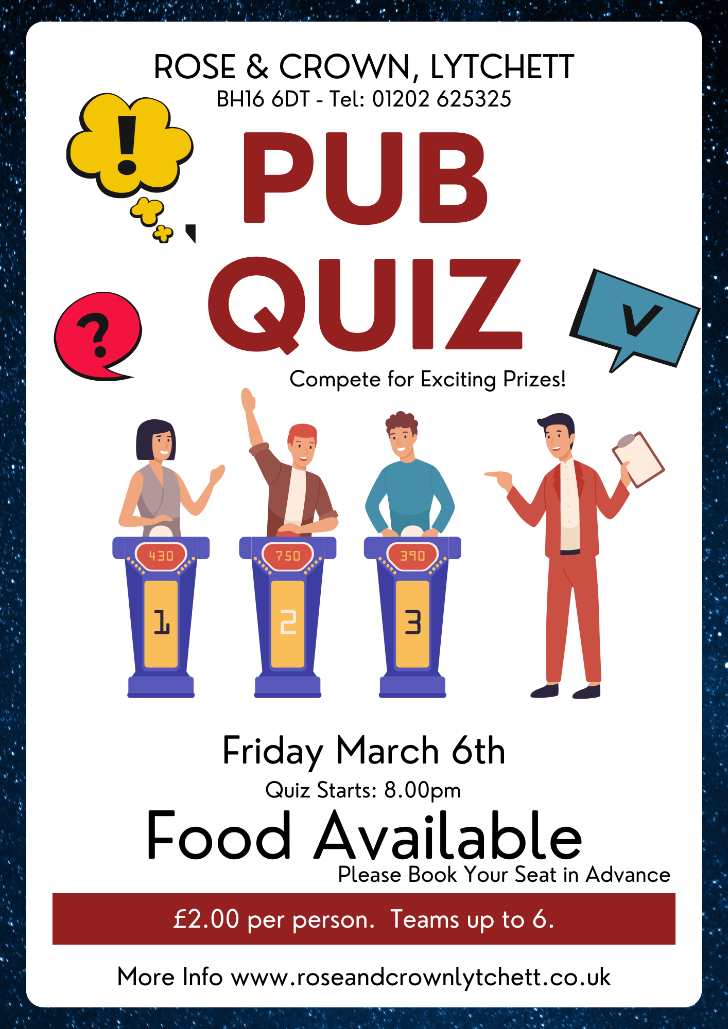 Pub Quiz March 6 2026 | Rose and Crown 01202-625325
